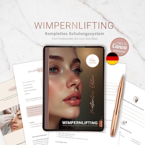 May include: A promotional image for a lash lift training program. The image features a tablet displaying a woman's face with enhanced eyelashes, alongside documents and a pen. Text includes "Wimpernlifting" and "Masterclass Edition."