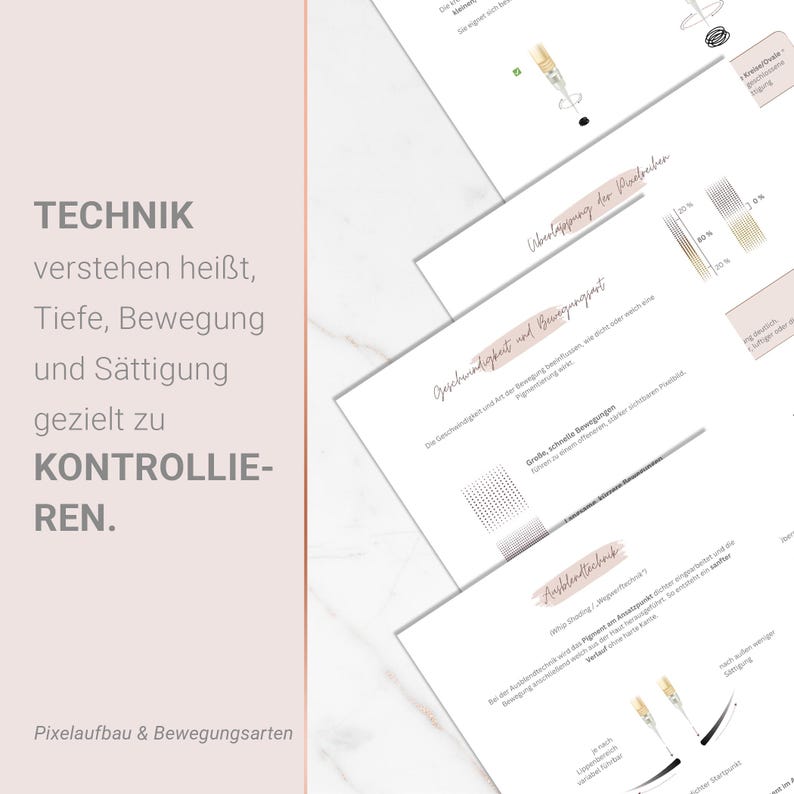 May include: A stack of white printed papers with text and diagrams, featuring the words "TECHNIK" and "KONTROLLIEREN." The papers have a light pink border and are arranged on a white surface. The image also includes diagrams and illustrations.