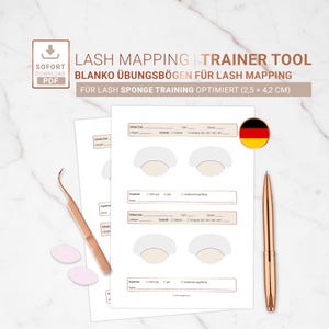 Könnte beinhalten: Weiße Papierbögen mit Wimpern-Mapping-Diagrammen, einem roségoldenen Stift, einer Pinzette und rosa Pads. Auf den Bögen steht "LASH MAPPING TRAINER TOOL" und "BLANKO ÜBUNGSBÖGEN FÜR LASH MAPPING". Die Bögen sind für das Wimperntraining konzipiert.