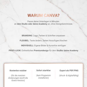 May include: A white graphic with text in German, including "WARUM CANVA?" and bullet points describing features like branding, flexibility, and custom images. The bottom section lists benefits such as free use and PDF/PNG export.