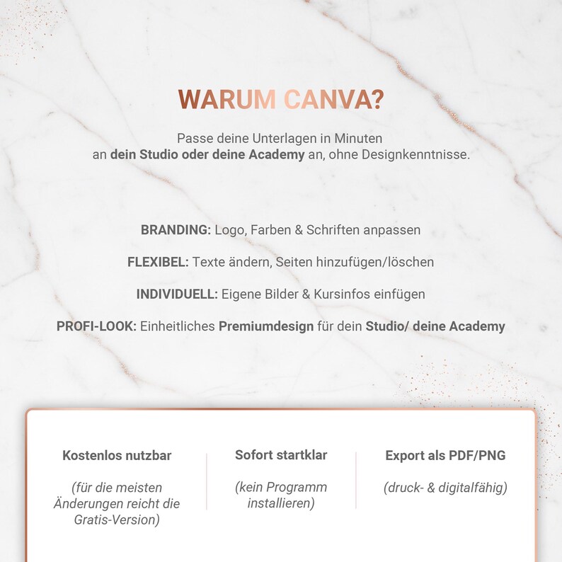 May include: A white graphic with text in German, including "WARUM CANVA?" and bullet points describing features like branding, flexibility, and custom images. The bottom section lists benefits such as free use and PDF/PNG export.