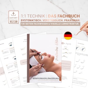 Könnte beinhalten: Ein Buch mit dem Titel "Wimpernverlängerung" mit dem Text "Masterclass Edition" und dem Gesicht einer Frau. Das Buch ist von mehreren Seiten mit Diagrammen und Text umgeben. Das Bild enthält auch den Text "1:1 TECHNIK | DAS FACHBUCH".