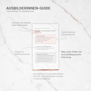 May include: A white guide with text in German, titled "AUSBILDERINNEN-GUIDE" and "Trainerkarten im Handyformat." The guide includes notes, examples, and questions for participants. It is designed for professional training and is available as a PDF or image file.