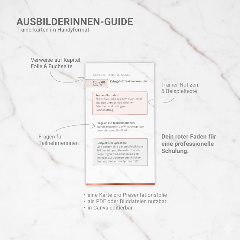 May include: A white guide with text in German, titled "AUSBILDERINNEN-GUIDE" and "Trainerkarten im Handyformat." The guide includes notes, examples, and questions for participants. It is designed for professional training and is available as a PDF or image file.