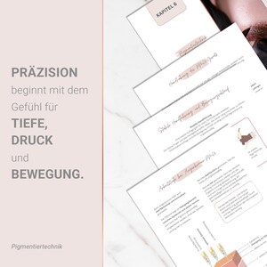 May include: A stack of white papers with text and diagrams, featuring the words "PR&Auml;ZISION", "TIEFE", "DRUCK", and "BEWEGUNG". The papers have a pink border and the text "Pigmentiertechnik" is visible at the bottom.