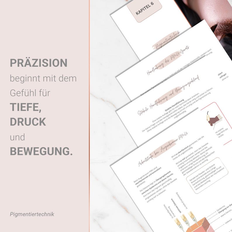 May include: A stack of white papers with text and diagrams, featuring the words "PR&Auml;ZISION", "TIEFE", "DRUCK", and "BEWEGUNG". The papers have a pink border and the text "Pigmentiertechnik" is visible at the bottom.
