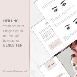May include: A stack of white paper pages with text and illustrations, including diagrams of eyebrows and eyes. The text includes the word "HEALING" and other German words. The pages are on a light pink background.