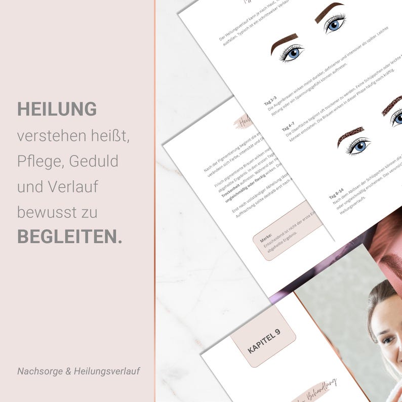 May include: A stack of white paper pages with text and illustrations, including diagrams of eyebrows and eyes. The text includes the word "HEALING" and other German words. The pages are on a light pink background.