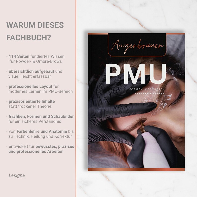 May include: A book cover with the title "Augenbrauen PMU" in large white letters. The cover features a close-up of a person's eye area with a cosmetic procedure in progress. The book's subtitle reads "FORMEN, DEFINIEREN, PERFEKTIONIEREN."