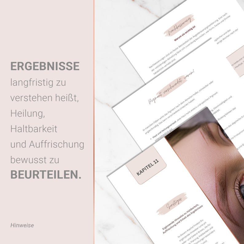 May include: A close-up of printed documents with text in German. The documents are white with pink accents. The text includes the words "ERGEBNISSE" and "KAPITEL 11". The image is well-lit and the text is clear.