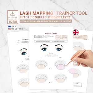 Könnte beinhalten: Wimpern-Mapping-Trainingsblätter für weit auseinanderstehende Augen mit Augendiagrammen, Platzierungshilfen, nummerierten Zonen und Anleitungen. Die Blätter sind für 2,5 x 4,2 cm große Wimpernschwämme konzipiert und in A4 und US Letter verfügbar.