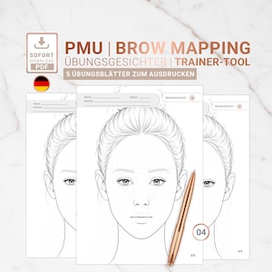 May include: A set of five printable PMU brow mapping practice sheets featuring line art of a face with guide lines for eyebrow shaping. The sheets include fields for name, date, and notes, and are accompanied by a rose gold metallic pen.