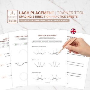 May include: Four white printable PDF practice sheets for lash placement, spacing, and direction. The sheets feature diagrams for classic lash extensions, including direction transitions and eye shapes, with a pair of tweezers held over the page.