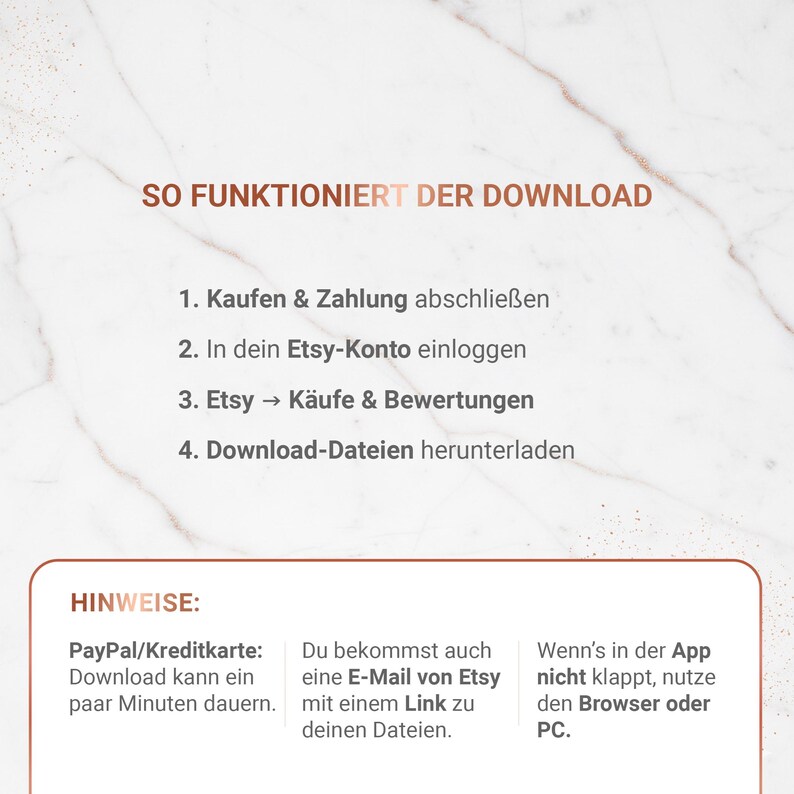 May include: A white and brown graphic with the text "SO FUNKTIONIERT DER DOWNLOAD" and numbered steps for downloading files. Additional text provides tips on payment and accessing files via email or browser.