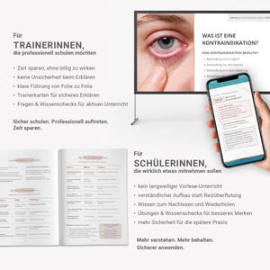May include: A presentation screen and a smartphone display educational content. The screen shows an eye and text about contraindications. The smartphone displays a page with text and diagrams. The image also includes open books with text.