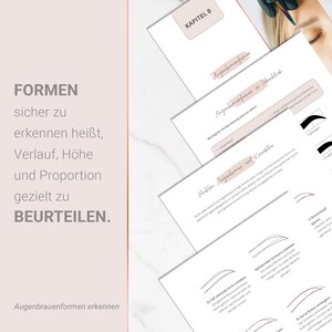 May include: A close-up of several white pages with text and diagrams about eyebrow shapes. The pages are titled "Kapitel 8" and "Augenbrauenformen." The text on the left side reads "FORMEN sicher zu erkennen hei&szlig;t, Verlauf, H&ouml;he und Proportion gezielt zu BEURTEILEN."