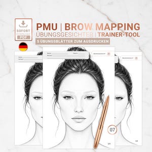 May include: A set of five printable PMU brow mapping practice sheets featuring a black and white line drawing of a face with blank eyebrow areas for training, accompanied by a rose gold pen and text including PMU BROW MAPPING.