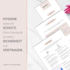 May include: A stack of white papers with text and illustrations, including the words "HYGIENE," "SCHUTZ," "SICHERHEIT," and "VERTRAUEN." The papers are on a white surface, with a pink-gloved hand in the background. The image promotes hygiene.
