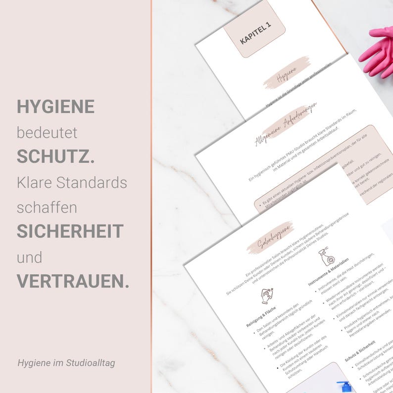 May include: A stack of white papers with text and illustrations, including the words "HYGIENE," "SCHUTZ," "SICHERHEIT," and "VERTRAUEN." The papers are on a white surface, with a pink-gloved hand in the background. The image promotes hygiene.