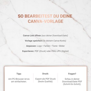 May include: A white background with text in German, including "SO BEARBEITEST DU DEINE CANVA-VORLAGE." Instructions are provided on how to use Canva templates, with steps like opening a Canva link, saving the template, and exporting as PDF or PNG/JPG.