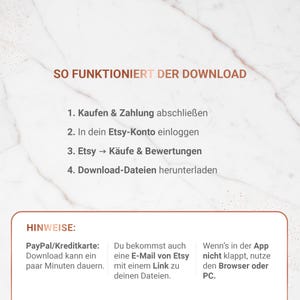 May include: A white and brown graphic with the text "SO FUNKTIONIERT DER DOWNLOAD" and numbered steps for downloading files. Additional text provides tips on payment and accessing files via email or browser.