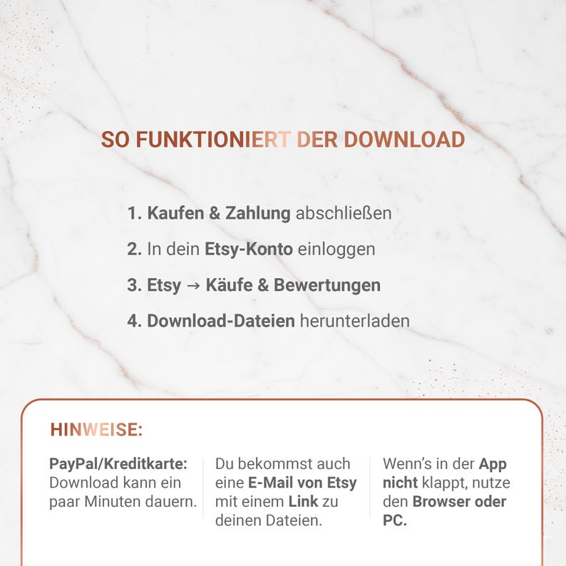 May include: A white and brown graphic with the text "SO FUNKTIONIERT DER DOWNLOAD" and numbered steps for downloading files. Additional text provides tips on payment and accessing files via email or browser.