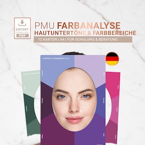 Könnte beinhalten: Farbkarten mit dem Text "PMU FARBANALYSE HAUTUNTERTÖNE & FARBBEREICHE" und "12 KARTEN | A4 | FÜR SCHULUNG & BERATUNG". Die Karten zeigen ein Frauenporträt und Farbpaletten. Eine deutsche Flagge ist sichtbar.
