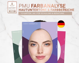 May include: A set of color analysis cards with the text "PMU FARBANALYSE HAUTUNTERTÖNE & FARBBEREICHE" and "12 KARTEN | A4 | FÜR SCHULUNG & BERATUNG". The cards feature a woman's face and color palettes. A German flag is visible.