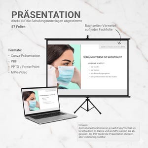 May include: A presentation screen and laptop display the text "WARUM HYGIENE SO WICHTIG IST" (Why Hygiene is so Important). The presentation includes 87 slides and is available in Canva, PDF, PPTX, and MP4 formats. The image also shows a person wearing a face mask.