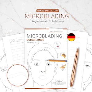 Peut inclure: Un guide d'entraînement au microblading avec le texte "Microblading Augenbrauen Schablonen" et "Zum Üben". Comprend un crayon, un stylo et des feuilles d'entraînement avec des contours de sourcils. Le guide est pour les techniques de base à pro.