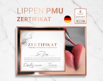 Certificado de micropigmentación de labios en PDF y JPG | Certificado de formación para la academia de maquillaje permanente | Descarga instantánea | Alemán | Formato A4 horizontal