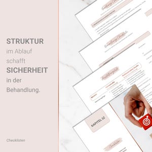 May include: A collection of printed checklists and documents with text in German. The documents are in a light pink and white color scheme. The text includes the words "STRUKTUR", "SICHERHEIT", and "Behandlung."