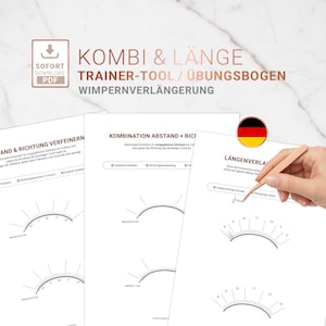 Peut inclure: Feuilles blanches imprimées avec des schémas pour la formation aux extensions de cils. Les feuilles comportent du texte en allemand, des schémas de cils et les mots "KOMBI & LÄNGE TRAINER-TOOL / ÜBUNGSBOGEN WIMPERNVERLÄNGERUNG". Une main tient une pince à épiler or rose près des feuilles.