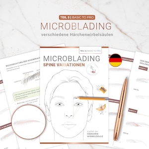 Op de afbeelding: Een set lesmateriaal voor microblading, met een boek met de titel "Microblading Spine Variations" en een diagram van een gezicht. Een gouden pen en potlood zijn ook zichtbaar. De tekst bevat "Basic to Pro".