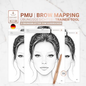 Op de afbeelding: Een set PMU wenkbrauw mapping oefenbladen met zwart-wit lijntekeningen van een gezicht met een knot. De pagina's bevatten velden voor naam, datum en notities, met de tekst PMU BROW MAPPING ÜBUNGSGESICHTER TRAINER-TOOL.