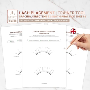 Classic Lash Placement Practice Sheets PDF | Spacing Direction & Length Training | Lash Educator Tool | 3 printable A4 pages
