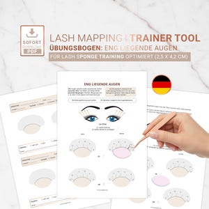 Op de afbeelding: Een witte bedrukte pagina met wimpermappingdiagrammen en de tekst "LASH MAPPING + TRAINER TOOL". De pagina bevat diagrammen voor "ENG LIEGENDE AUGEN" en is geoptimaliseerd voor wimpersponstraining, met een afmeting van 2,5 x 4,2 cm.
