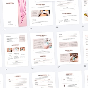 May include: A collection of open books with pink and white pages, featuring text and illustrations related to beauty treatments. The pages are numbered, and the overall aesthetic is clean and modern, with a focus on cosmetic procedures.