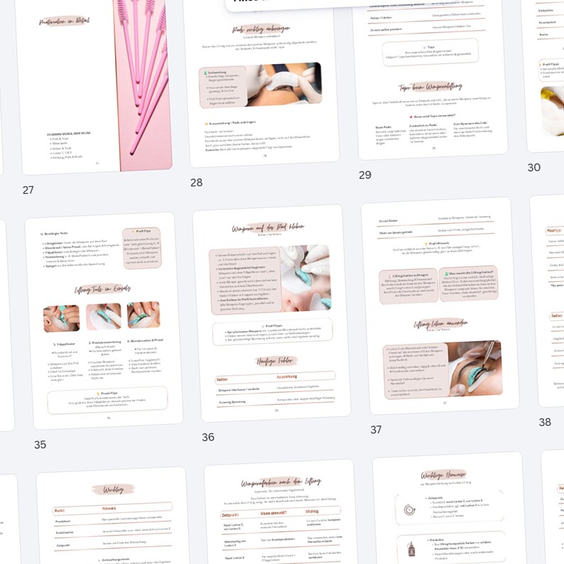 May include: A collection of open books with pink and white pages, featuring text and illustrations related to beauty treatments. The pages are numbered, and the overall aesthetic is clean and modern, with a focus on cosmetic procedures.
