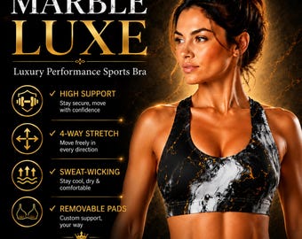 MARBLE LUXE High Support Sport-BH, schwarzer Marmor Print Activewear