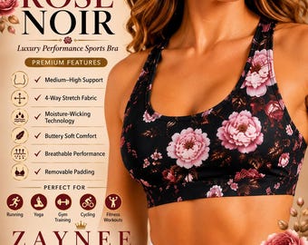 Rose Noir Floral Sports Bra for Women, High Support Racerback Workout Bra, Yoga Running Fitness Activewear, Moisture Wicking Athletic Bra