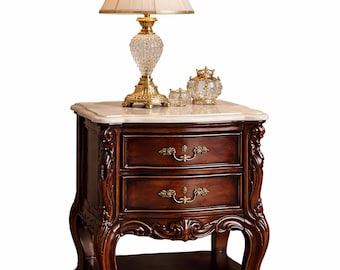 Hand-Carved Solid Wood Nightstand | Luxury Antique Finish & Polished Wooden Top | 2-Drawer Bedside Table