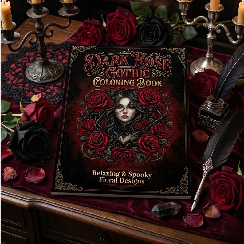 Pode incluir: Um "Dark Rose Gothic Coloring Book" com uma mulher e rosas vermelhas na capa. O livro est&aacute; sobre uma superf&iacute;cie de veludo vermelho escuro, com rosas vermelhas e pretas, velas e uma pena. O t&iacute;tulo est&aacute; em letras ornamentadas.