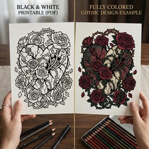 Pode incluir: Dois exemplos de design g&oacute;tico s&atilde;o mostrados lado a lado. A imagem da esquerda &eacute; um PDF imprim&iacute;vel em preto e branco de um design em forma de cora&ccedil;&atilde;o com rosas e espinhos. A imagem da direita &eacute; uma vers&atilde;o totalmente colorida do mesmo design, com rosas vermelhas.