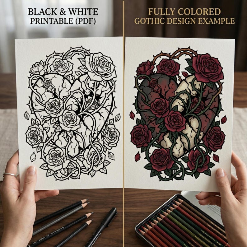 Pode incluir: Dois exemplos de design g&oacute;tico s&atilde;o mostrados lado a lado. A imagem da esquerda &eacute; um PDF imprim&iacute;vel em preto e branco de um design em forma de cora&ccedil;&atilde;o com rosas e espinhos. A imagem da direita &eacute; uma vers&atilde;o totalmente colorida do mesmo design, com rosas vermelhas.
