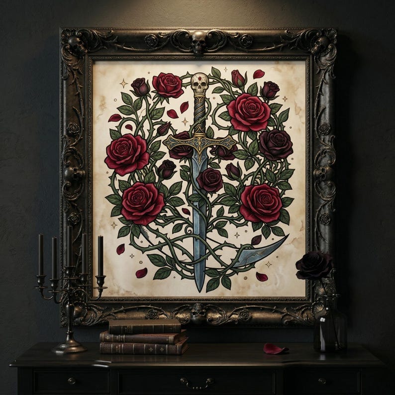 Pode incluir: Obra de arte emoldurada com uma espada perfurando um roseiral com rosas vermelhas e espinhos. A espada tem uma caveira na empunhadura. A obra de arte est&aacute; em uma moldura preta ornamentada, com um fundo escuro.