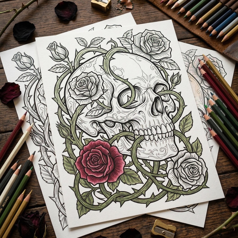 Pode incluir: Duas p&aacute;ginas para colorir com um desenho de caveira entrela&ccedil;ada com rosas e vinhas espinhosas. Uma rosa &eacute; colorida de vermelho. L&aacute;pis de cor e um apontador s&atilde;o vis&iacute;veis em uma superf&iacute;cie de madeira.