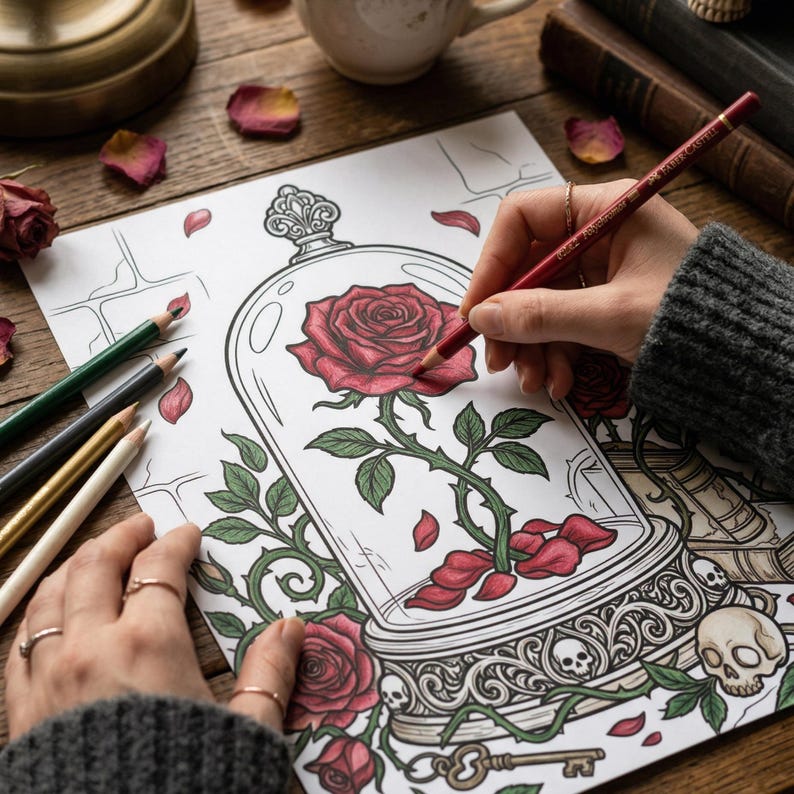 Pode incluir: Uma pessoa colorindo uma ilustra&ccedil;&atilde;o detalhada de rosa com l&aacute;pis de cor. O desenho apresenta uma grande rosa vermelha dentro de uma c&uacute;pula de vidro, cercada por vinhas, caveiras e uma chave. L&aacute;pis de v&aacute;rias cores s&atilde;o vis&iacute;veis.