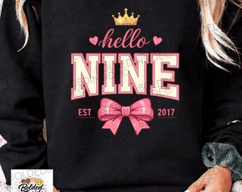 Hello Nine Est 2017 Cute 9th Birthday Bow 9 Years Old Png: 9th Birthday Bow Clipart 9th Birthday Png Hello Nine Design (digital Download)