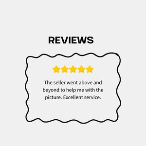 K&ouml;nnte beinhalten: Grafik mit dem Wort "REVIEWS" in schwarzer Schrift &uuml;ber einem schwarz umrandeten, wellenf&ouml;rmigen Rechteck. Im Rechteck befinden sich f&uuml;nf goldene Sterne und der Text: "Der Verk&auml;ufer hat sich sehr bem&uuml;ht, mir mit dem Bild zu helfen. Ausgezeichneter Service."